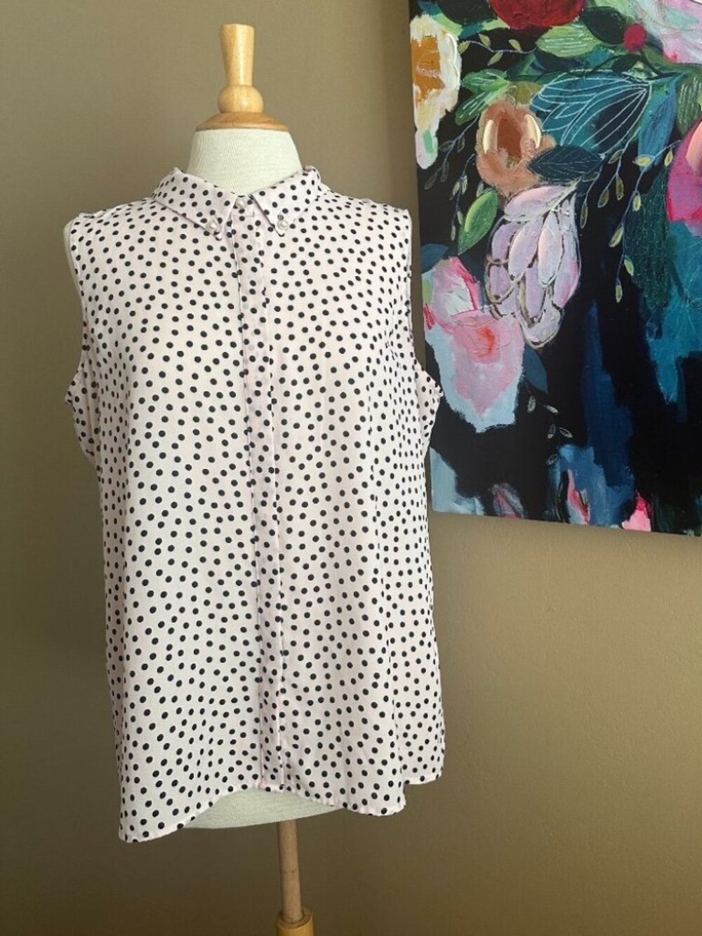 Karl Lagerfeld Paris Pink Black Polka Dot Sleeveless Blouse XL